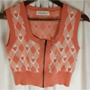 Sweet Republic Coral Heart Argyle Cropped Sweater Vest Zipper Women Academia M